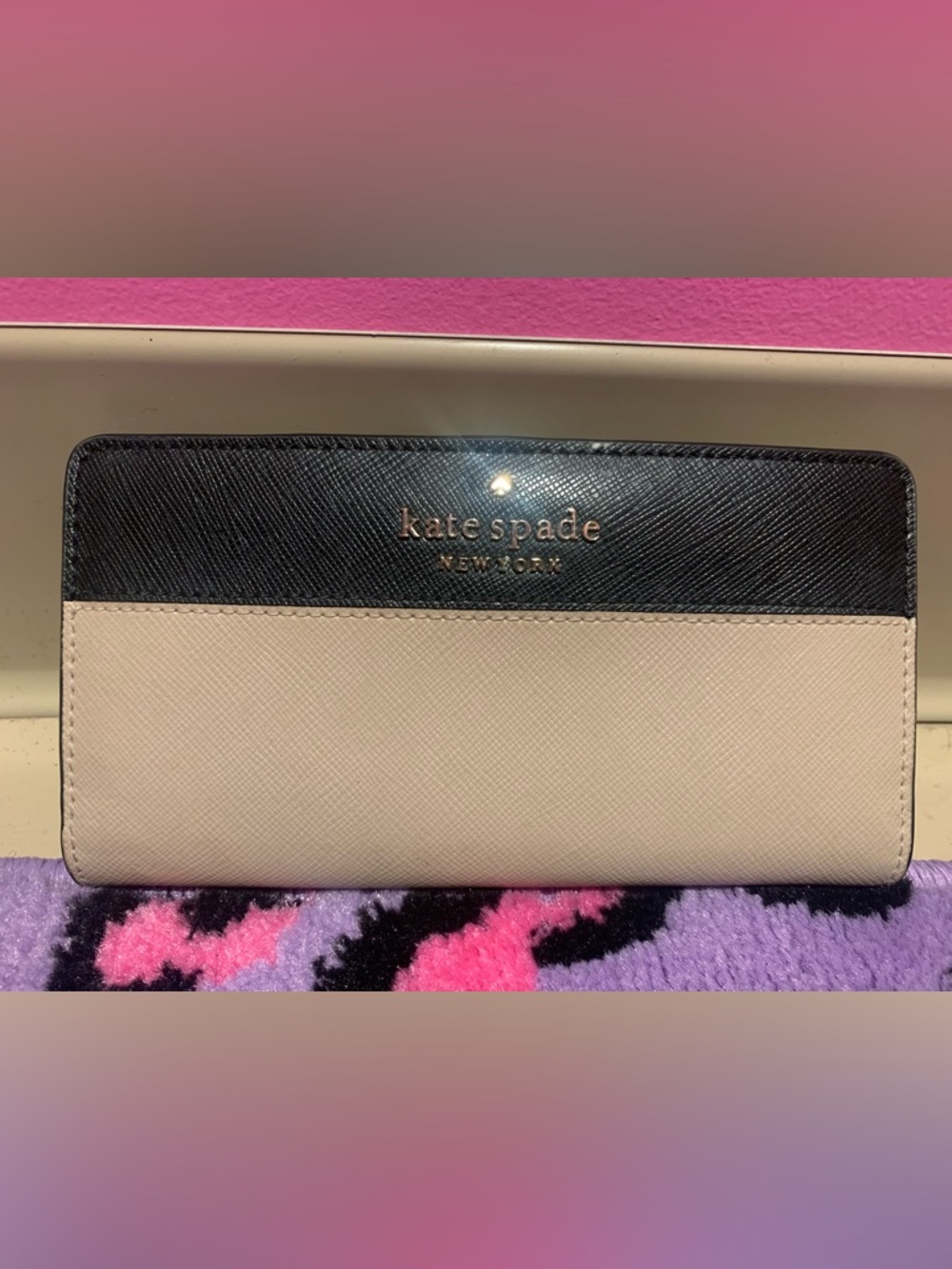 kate spade Black and Cream Staci large slim bifold  Zip Wallet